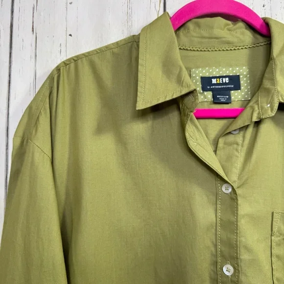 Maeve by Anthropologie Green Button Up Shirt High Low Pocket M Minimalist Casual - Picture 2 of 12